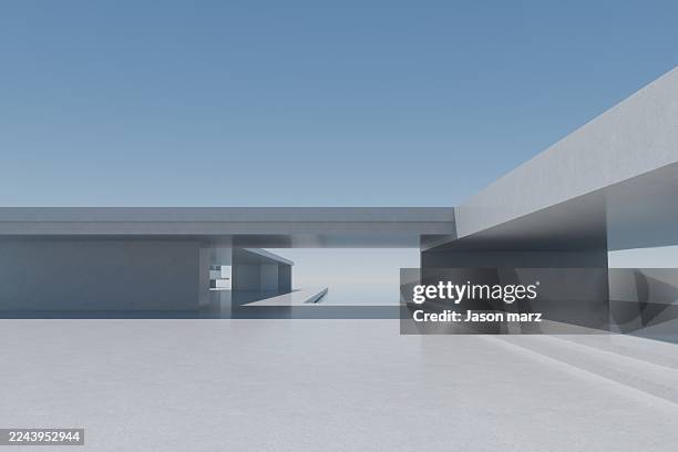 concrete structures with water element and clear horizon empty concrete building background - parking gate stock pictures, royalty-free photos & images
