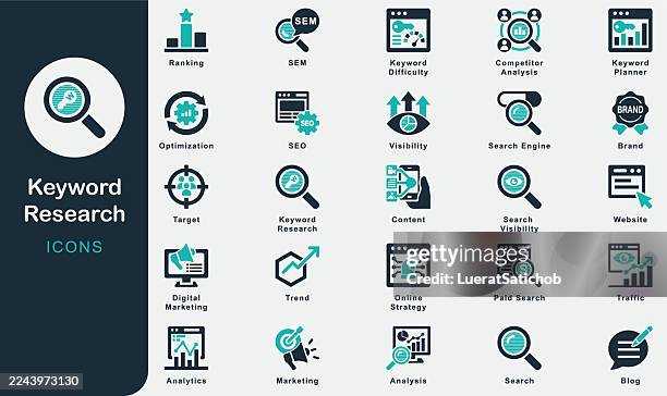 keyword research solid icons collection.containing seo, search, optimization, content, marketing, analysis, website, blog, brand, ranking, traffic, analytics, search engine, visibility, sem, trend - content production stock illustrations