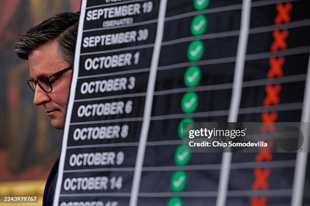Speaker of the House Mike Johnson holds a news conference on the 29th day of the federal government shutdown at the U.S. Capitol on October 29, 2025...