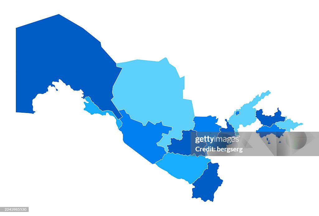 Uzbekistan Blue Map with country regions. Vector Illustration