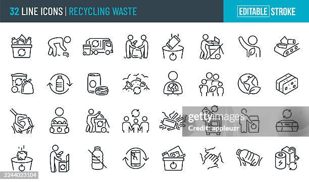 illustrations, cliparts, dessins animés et icônes de recyclage des déchets fine line icons - trait modifiable - les icônes incluent corbeille, réduire, matières recyclables, déchets, nettoyage de l’environnement, conservation de l’environnement - initiative