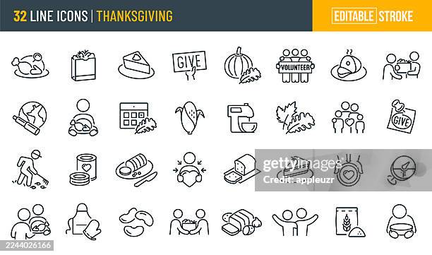 thanksgiving thin line icons - editable stroke - icons include giving, huger, food donation, turkey, autumn, prepared food - family dinner stock illustrations