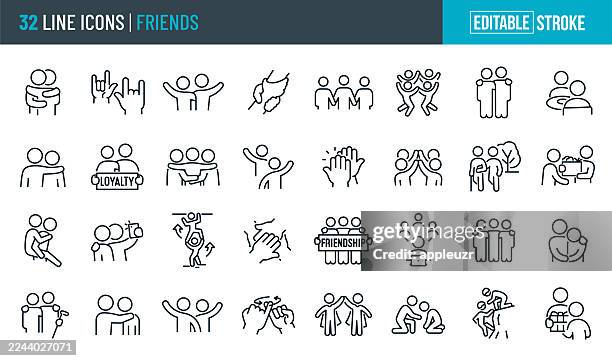 bildbanksillustrationer, clip art samt tecknat material och ikoner med friends thin line icons - editable stroke - icons include friendship, best friends, arm around shoulder, group of friends, hanging out, trust, empathy - ung vuxen