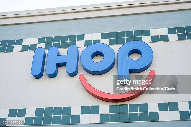 Close-up of sign with logo for IHOP restaurant in Walnut Creek, California, October 29, 2025.