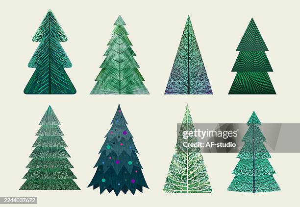 set von strukturierten abstrakten immergrünen weihnachts- und winterbäumen - weihnachtsbaum freisteller stock-grafiken, -clipart, -cartoons und -symbole