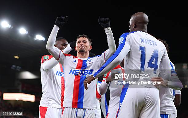 Yeremy Pino of Crystal Palace celebrates scoring his team's third goal with teammates during the Carabao Cup Fourth Round match between Liverpool and...