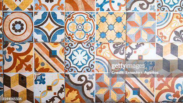 colorful encaustic cement tile tiles displaying traditional geometric patterns - mosaik bildbanksfoton och bilder