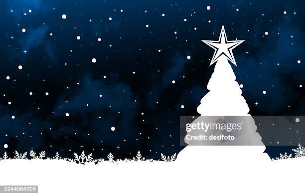 dark navy blue midnight dreamlike snowing spotted vector background with white shiny cute cartoon polka dots of snow or twinkling stars in starry sky, one christmas tree as in cartoon fairy tale story book cover for magical festive new year wallpaper - christmas star sky stock illustrations