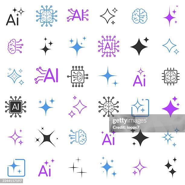 artificial intelligence icon set — neural chip, ai letters, and star symbols - purple glitter stock illustrations