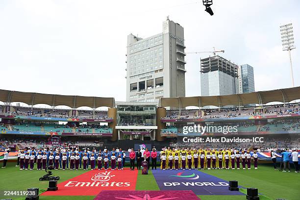 General view as player, officials and mascots line up for the national anthems prior to the ICC Women's Cricket World Cup India 2025 Semi-Final match...