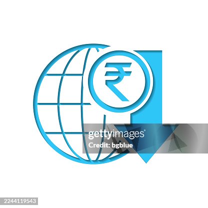 Indian rupee rate decrease. Icon cut out on white paper with blue background Indian rupee rate decrease. Icon cut out on white paper with blue background