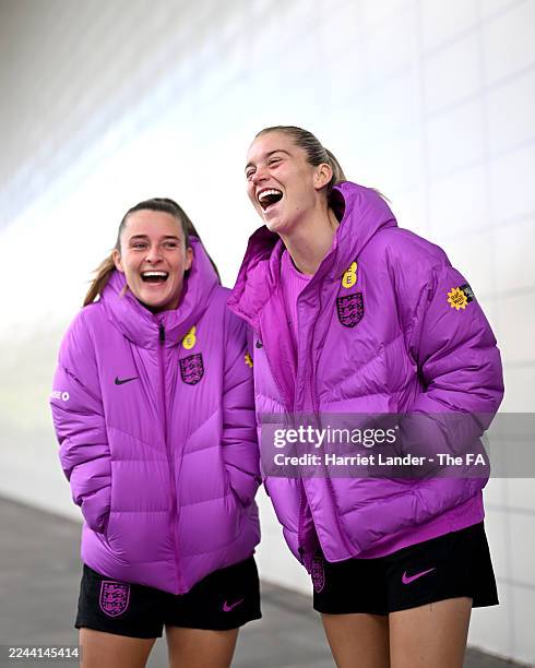 Ella Toone and Alessia Russo of England prior to a training session at St Georges Park on October 24, 2025 in Burton-upon-Trent, England.