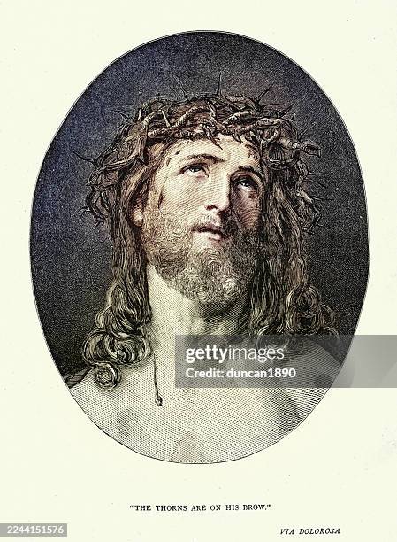 portrait of jesus christ wearing the crown of thorns, via dolorosa, vintage illustration - jesus christ stock illustrations