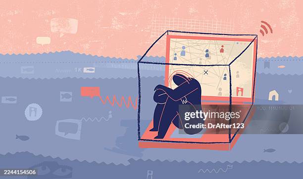 stockillustraties, clipart, cartoons en iconen met lonely and isolated in hyperconnected world - eenzaamheid