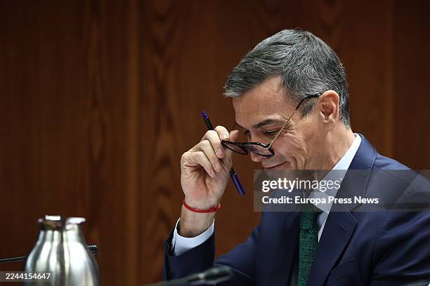 The President of the Government, Pedro Sanchez, during the Commission of Inquiry on the 'Koldo case', in the Senate, on 30 October, 2025 in Madrid,...