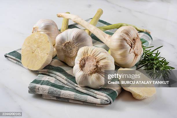 bulbs of garlic on napkin - garlic stock pictures, royalty-free photos & images