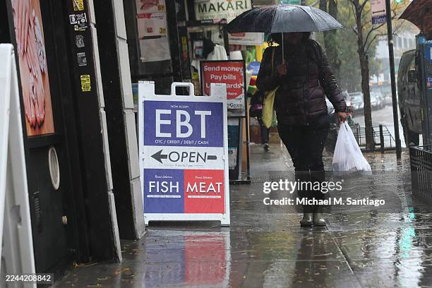 An EBT sign is displayed on the window of a grocery store on October 30, 2025 in the Flatbush neighborhood of the Brooklyn borough in New York City....