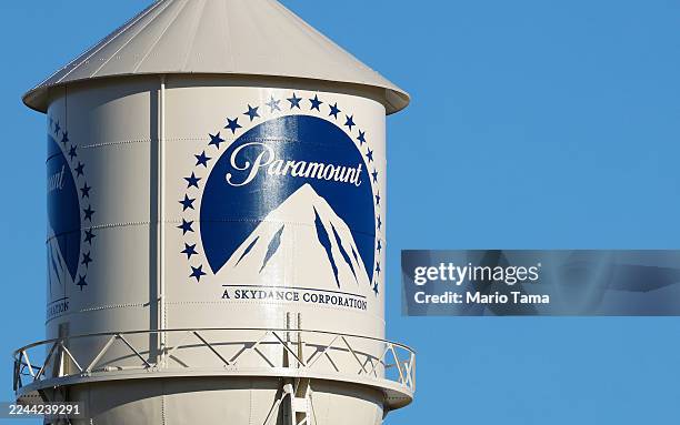 The Paramount logo is displayed on the water tower at Paramount Studios on October 30, 2025 in Los Angeles, California. Paramount, now renamed...
