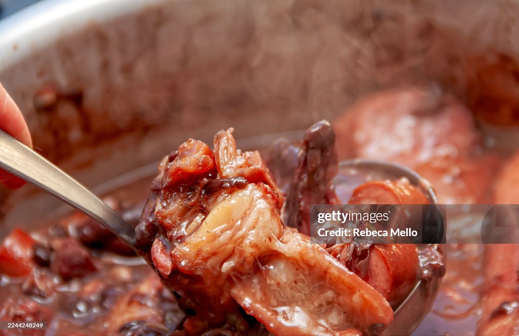 View from above, homemade Brazilian feijoada in a pot with a ladle showing some of the meats that make up the stew.