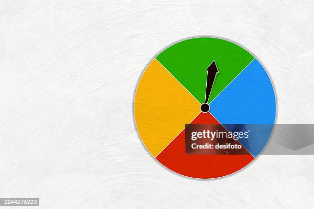 coloful red, yellow, blue, green quadrants of a circle shape clock with black slanted arrow or hand of clock over white textured scratched adobe material background leaving copy space - quadrant instrument of measurement stock illustrations