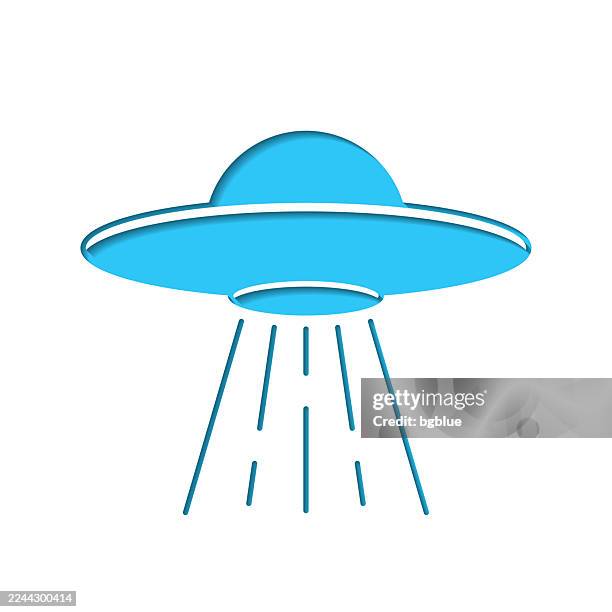 ufo - flying saucer with light beam. icon cut out on white paper with blue background - kidnapping stock illustrations