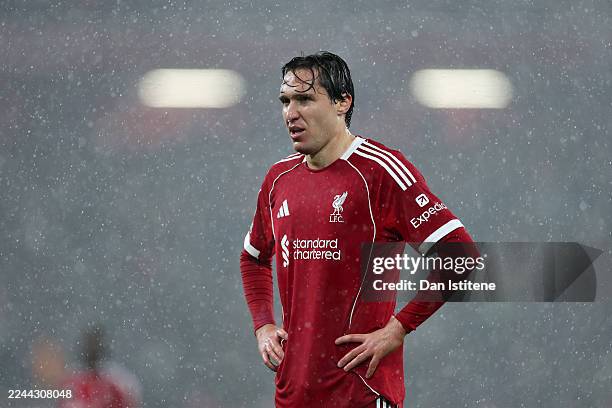 Federico Chiesa of Liverpool reacts during the Carabao Cup Fourth Round match between Liverpool and Crystal Palace at Anfield on October 29, 2025 in...
