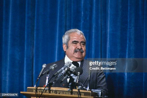Luis Herrera Campins , President of Venezuela, speaking at a National Press Club luncheon during a visit to Washington, November 18th 1981.
