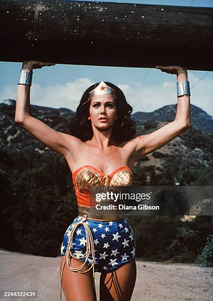American actress Lynda Carter stars as the titular superhero in the television series 'Wonder Woman', circa 1975.