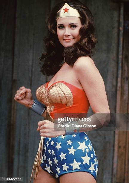 American actress Lynda Carter stars as the titular superhero in the television series 'Wonder Woman', circa 1975.
