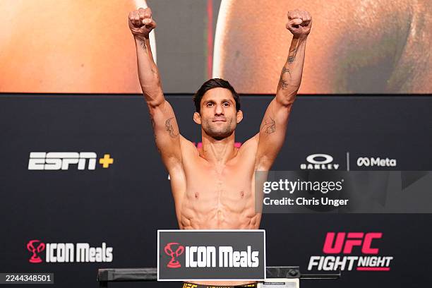 Allan Nascimento of Brazil poses on the scale during the UFC Fight Night weigh-in at UFC APEX on October 31, 2025 in Las Vegas, Nevada.