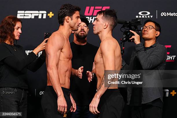 Opponents Allan Nascimento of Brazil and Cody Durden face off during the UFC Fight Night weigh-in at UFC APEX on October 31, 2025 in Las Vegas,...