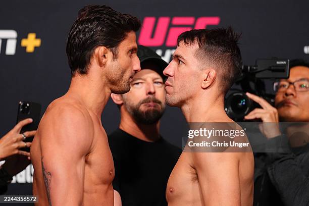 Opponents Allan Nascimento of Brazil and Cody Durden face off during the UFC Fight Night weigh-in at UFC APEX on October 31, 2025 in Las Vegas,...