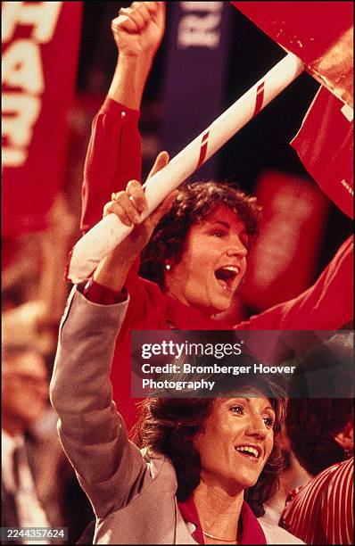 View of election delegates cheering on the floor during the Democratic National Convention at the Moscone Center, San Francisco, California, July 18,...