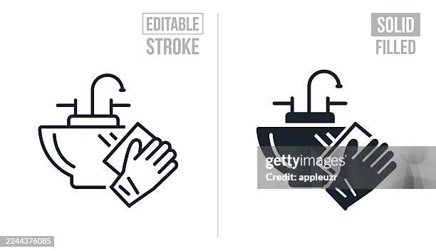 hand with glove cleaning bathroom sink - editable stroke and solid icons - hand sponge stock illustrations