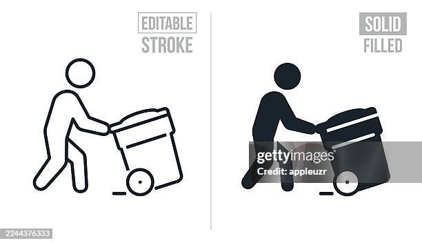 person pushing a wheeled garbage can - editable stroke and solid icons - man pushing stock illustrations