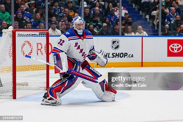 Jonathan Quick of the New York Rangers in net during the first period of their NHL game against the Vancouver Canucks at Rogers Arena on October 28,...