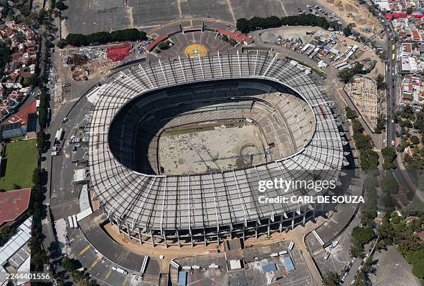 An aerial view of the Azteca Stadium in Mexico City taken on October 28, 2025. While millions celebrate Mexico hosting the FIFA World Cup for a third...