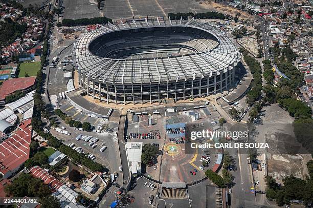 An aerial view of the Azteca Stadium in Mexico City taken on October 28, 2025. While millions celebrate Mexico hosting the FIFA World Cup for a third...