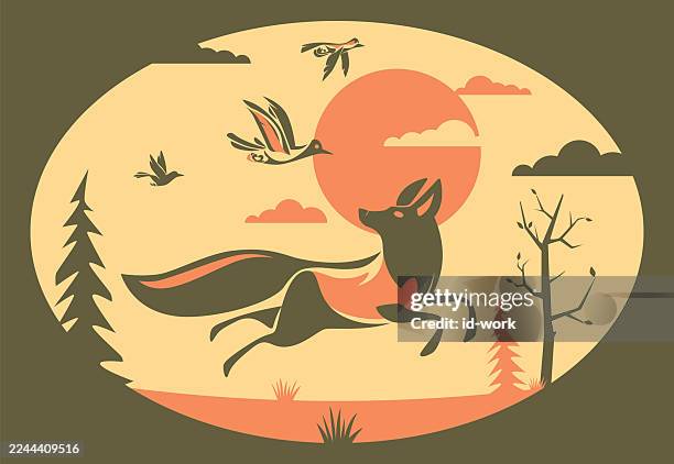 fox running with flying birds - wolves running stock illustrations