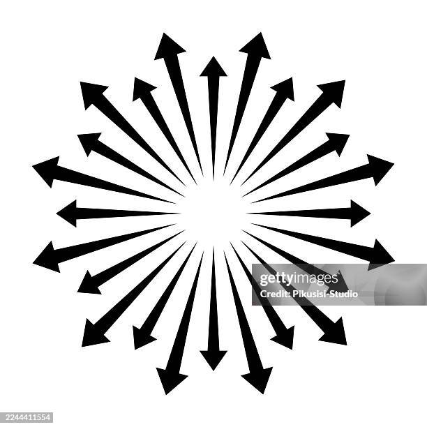 radial arrow burst abstract design on white background, circular radial arrows pointing outward concept - data explosion stock illustrations
