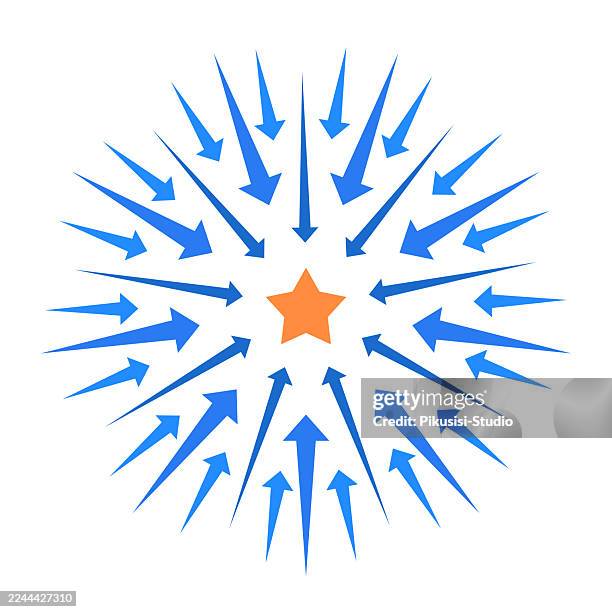 blue arrows pointing toward orange star on white background, teamwork and focus concept with arrows aiming at central star - chevron background pattern stock illustrations