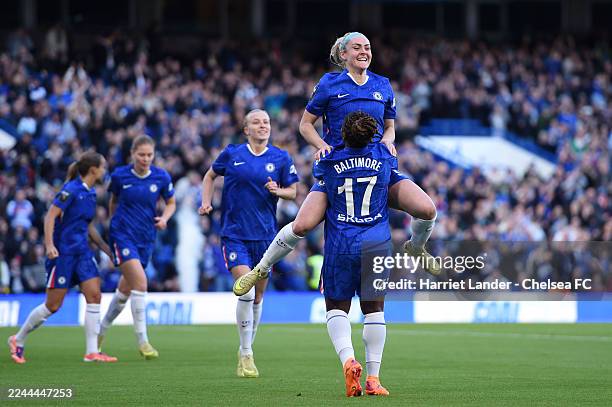 Ellie Carpenter of Chelsea celebrates with teammate Sandy Baltimore after scoring her team's first goal during the Barclays Women's Super League...