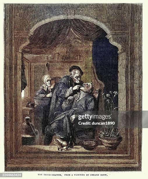 history of dentistry, dentist pulling out a man tooth, the tooth-drawer, netherlands, after gerrit dou, 17th century dutch art - tooth extraction stock illustrations
