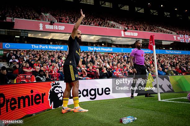 Bryan Mbuemo of Manchester United takes a corner during the Premier League match between Nottingham Forest and Manchester United at City Ground on...