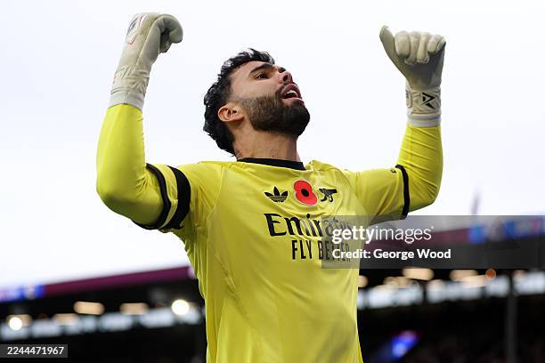 David Raya of Arsenal celebrates after teammate Declan Rice scores his team's second goal during the Premier League match between Burnley and Arsenal...