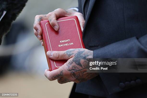 Sir David Beckham after he was made a Knight Bachelor at an investiture ceremony at Windsor Castle on November 4, 2025 in Windsor, England.