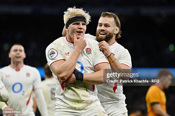 Henry Pollock of England celebrates scoring his team's second try with teammate Luke Cowan-Dickie during the Quilter Nations Series 2025 match...