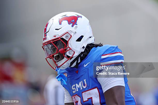 Harden of the Southern Methodist Mustangs reacts to a touchdown in overtime to defeat the Miami Hurricanes at Gerald J. Ford Stadium on November 01,...