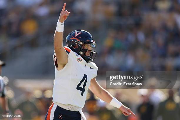 Chandler Morris of the Virginia Cavaliers reacts after the Cavaliers scored a touchdown against the California Golden Bears during the first half at...