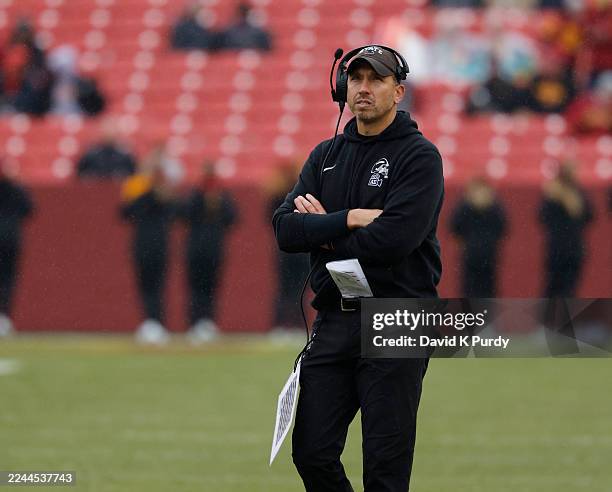 Head coach Matt Campbell of the Iowa State Cyclones looks to the game clock in the first half of play at Jack Trice Stadium on November 1 in Ames,...